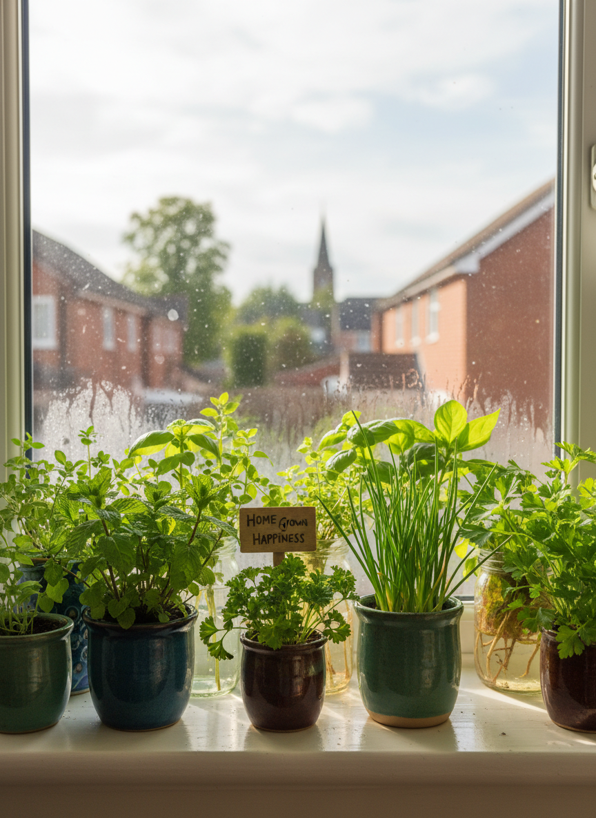 A compact indoor windowsill garden set against a bright kitchen window, showcasing an assortment of small ceramic and recycled glass containers planted with herbs like mint, parsley, and chives.