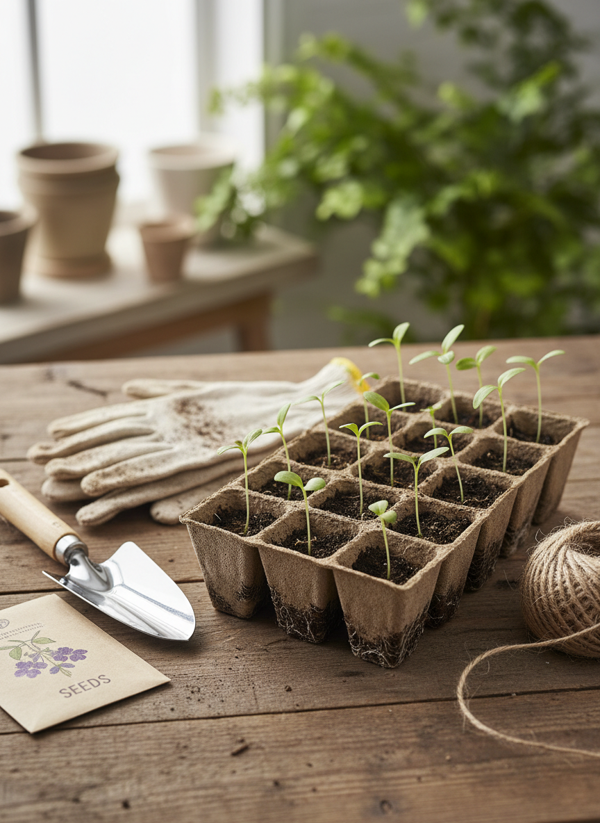 A close-up, photographic view of a pair of soil-dusted gardening gloves resting beside a biodegradable seedling tray on a rustic wooden table. Several seedlings with delicate stems and bright green leaves peek from the tray’s individual cells, their roots visible through moist, crumbly soil.