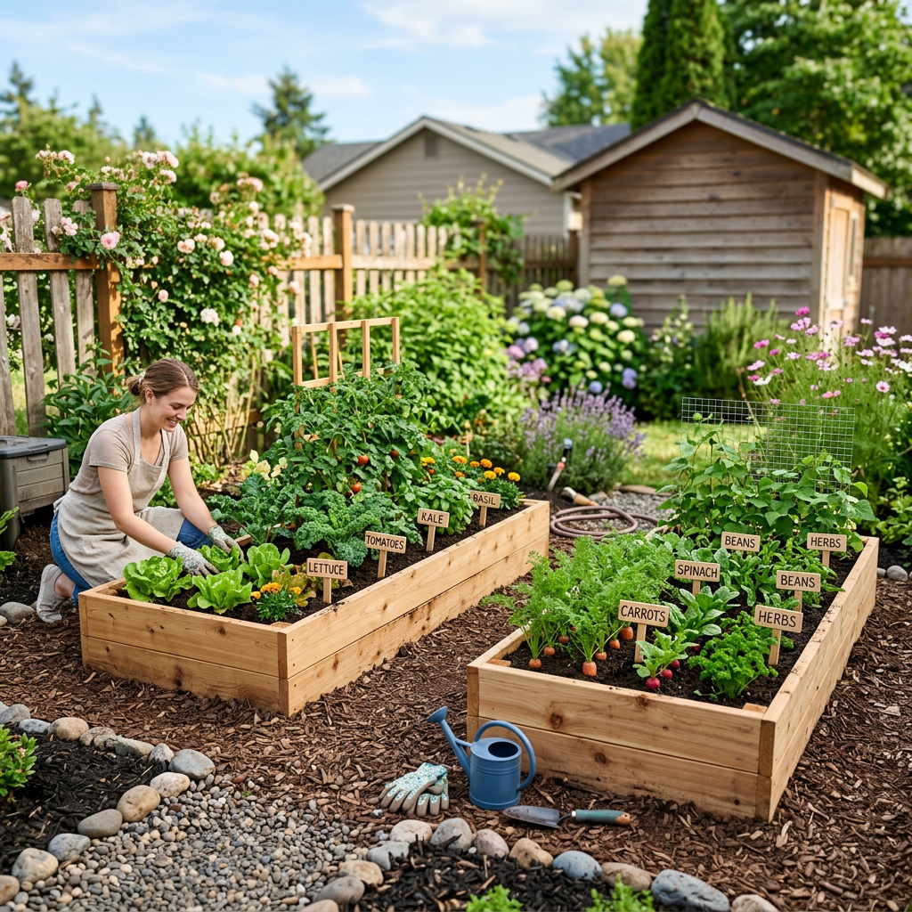 Gardener tending labeled vegetable and herb beds in a backyard garden