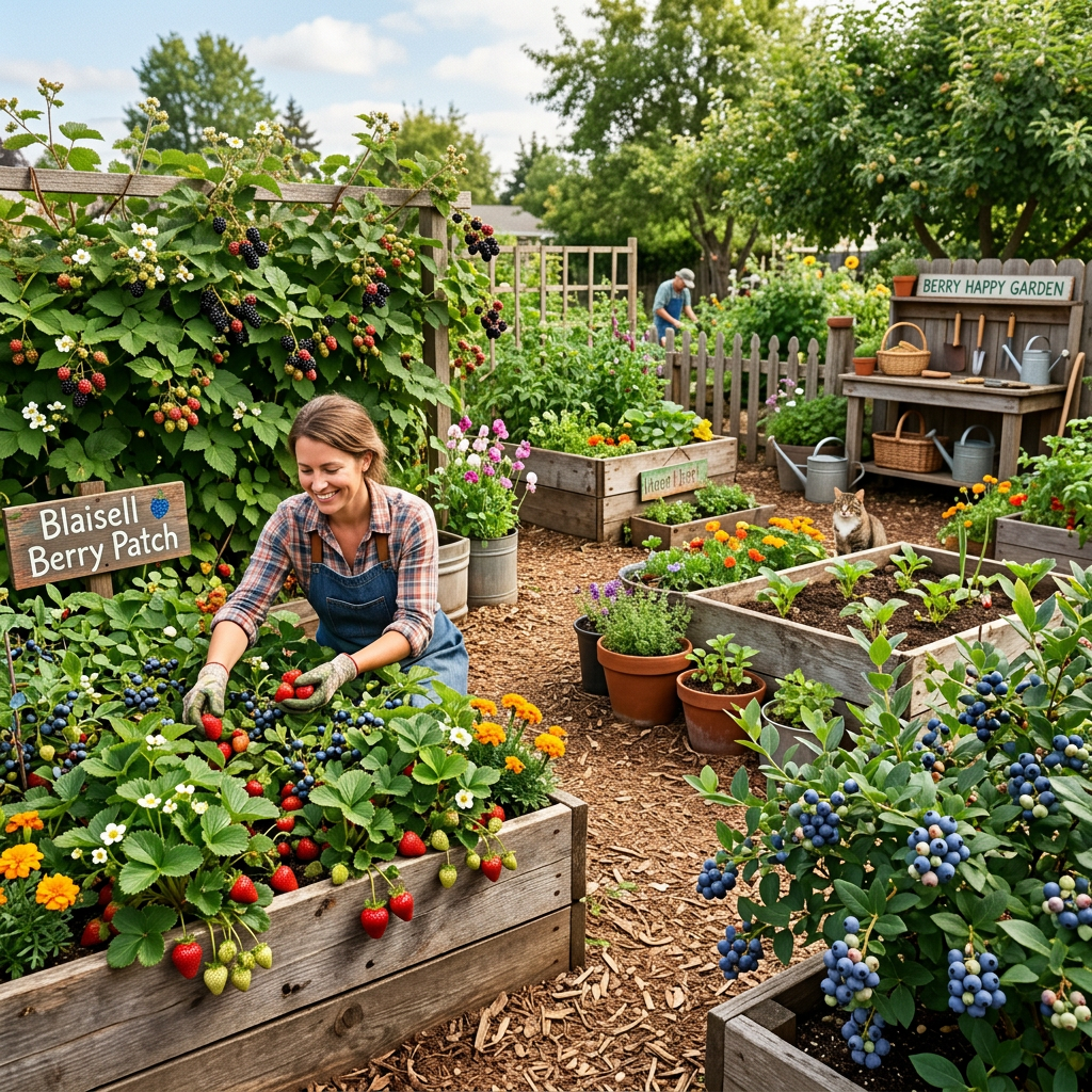 Gardener harvesting berries beside signs reading “Blaisell Berry Patch” and “Berry Happy Garden”