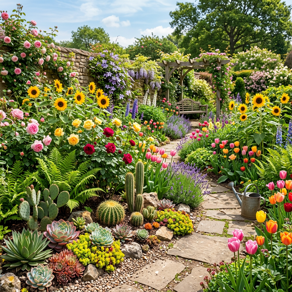 Colorful garden path surrounded by roses, tulips, sunflowers, and succulents