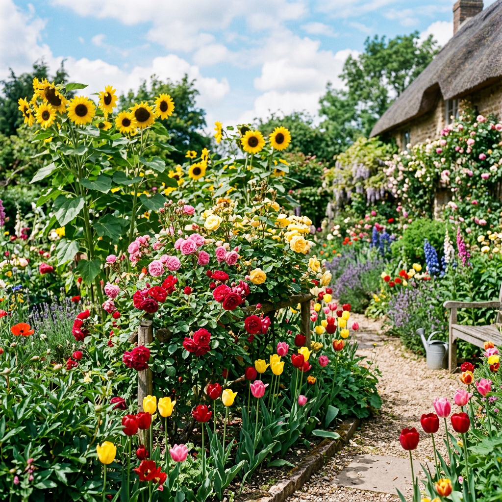 Colorful cottage garden with sunflowers, roses, tulips, and thatched cottage